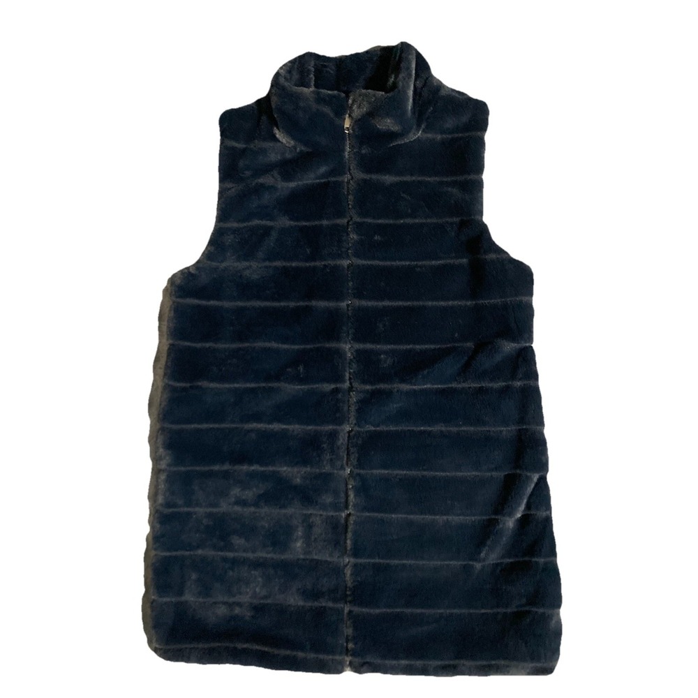 Le Moda Women's Navy Blue Faux Fur Full Zip Sleeveless Mid-Length Vest Size M